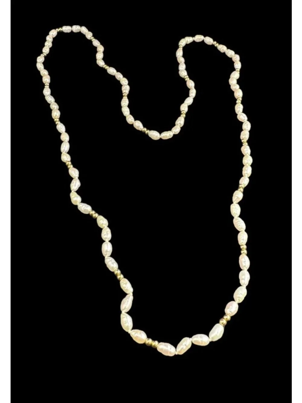 Necklace 10k Yellow Gold Beads And Rice Pearl Vintage 30 Inches Long